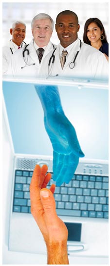 Collage of doctors and hand reaching out for computer screen